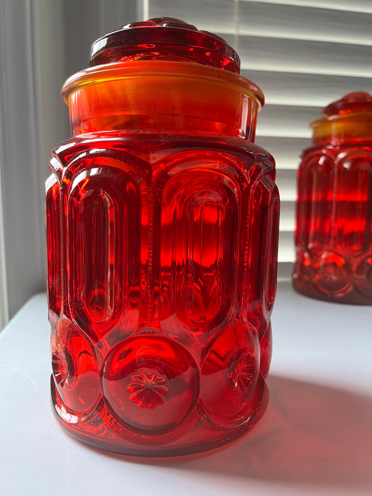 L E Smith Moon & Stars Amberina Glass 9” Ruby Red Canister