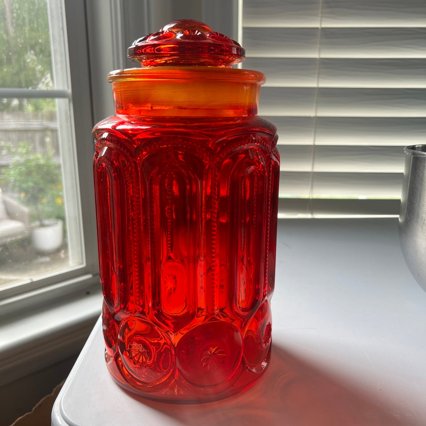 L E Smith Moon & Stars Amberina Glass 11” Ruby Red Canister
