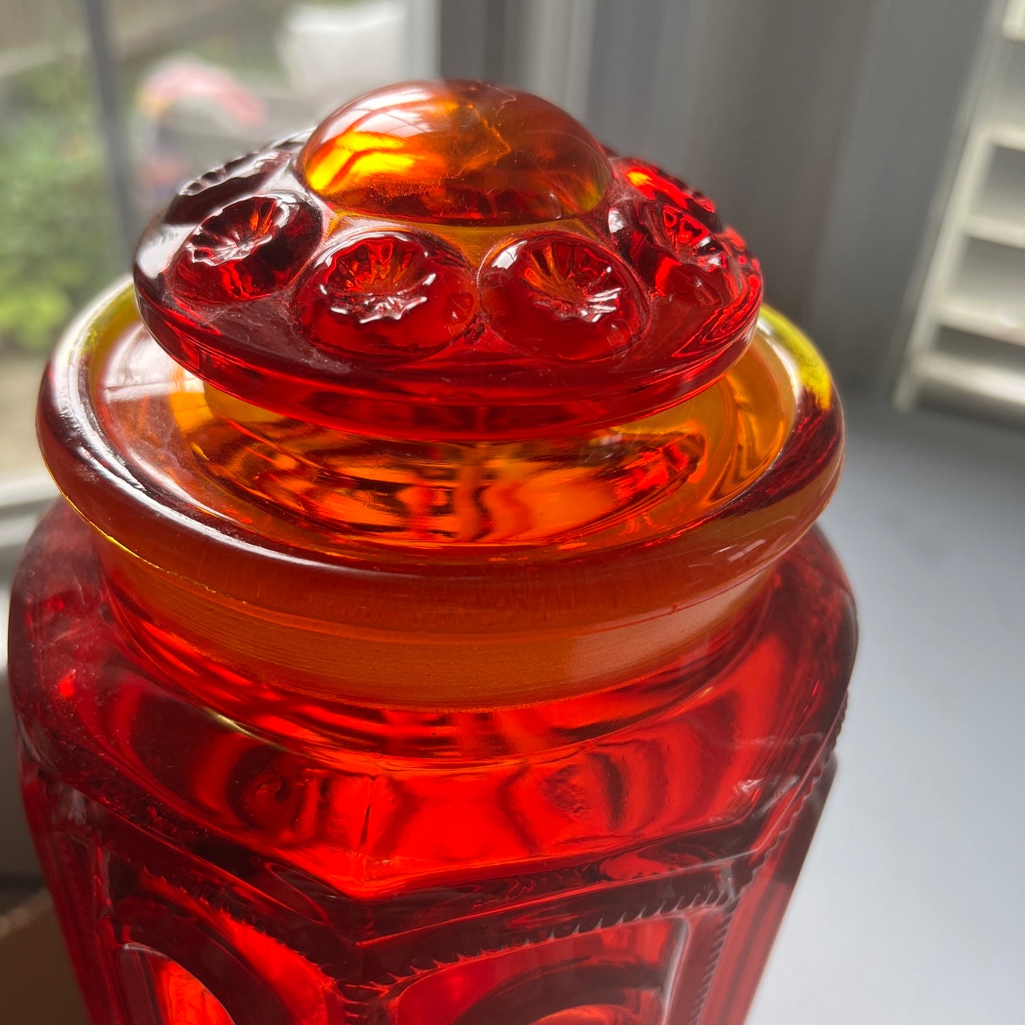 L E Smith Moon & Stars Amberina Glass 11” Ruby Red Canister