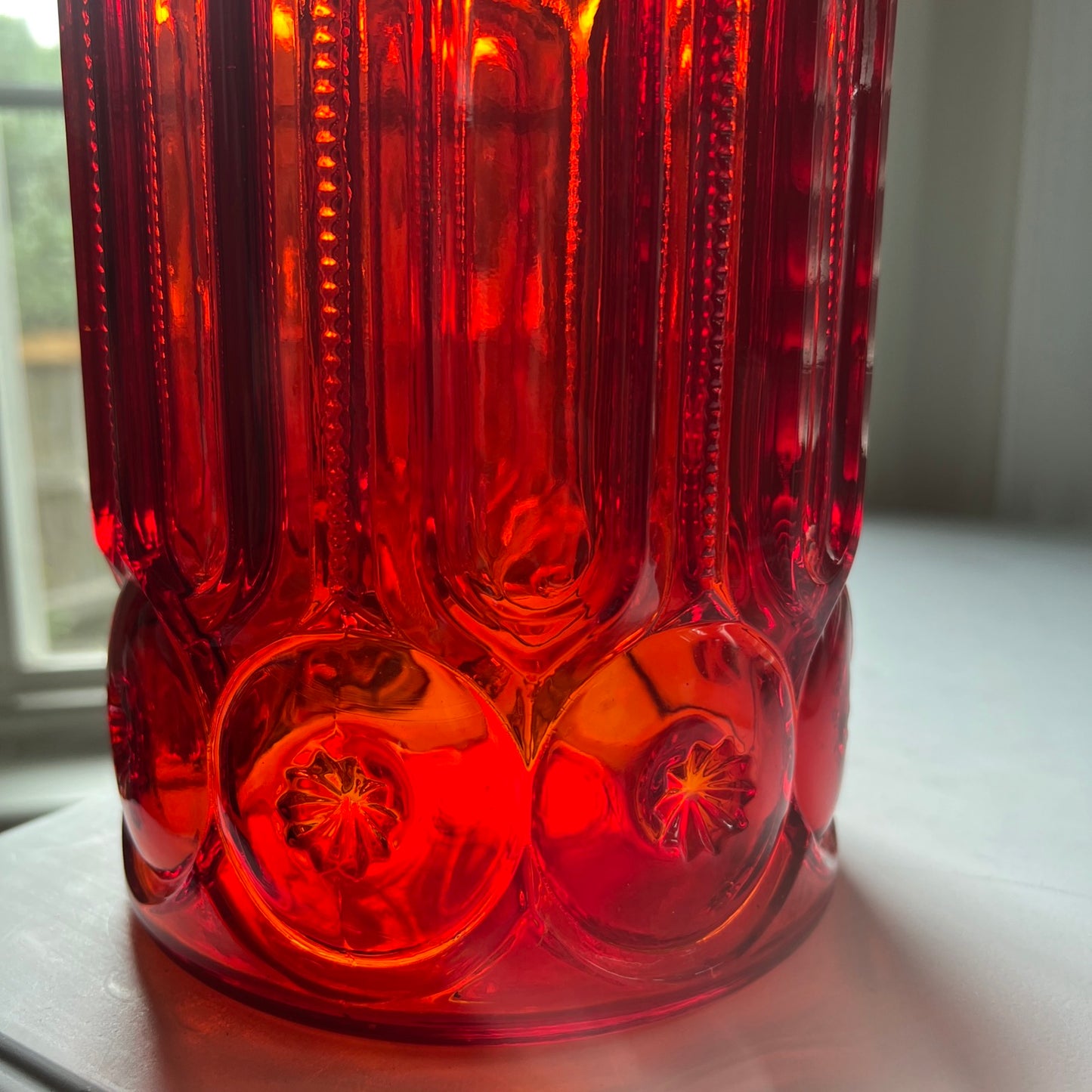 L E Smith Moon & Stars Amberina Glass 11” Ruby Red Canister