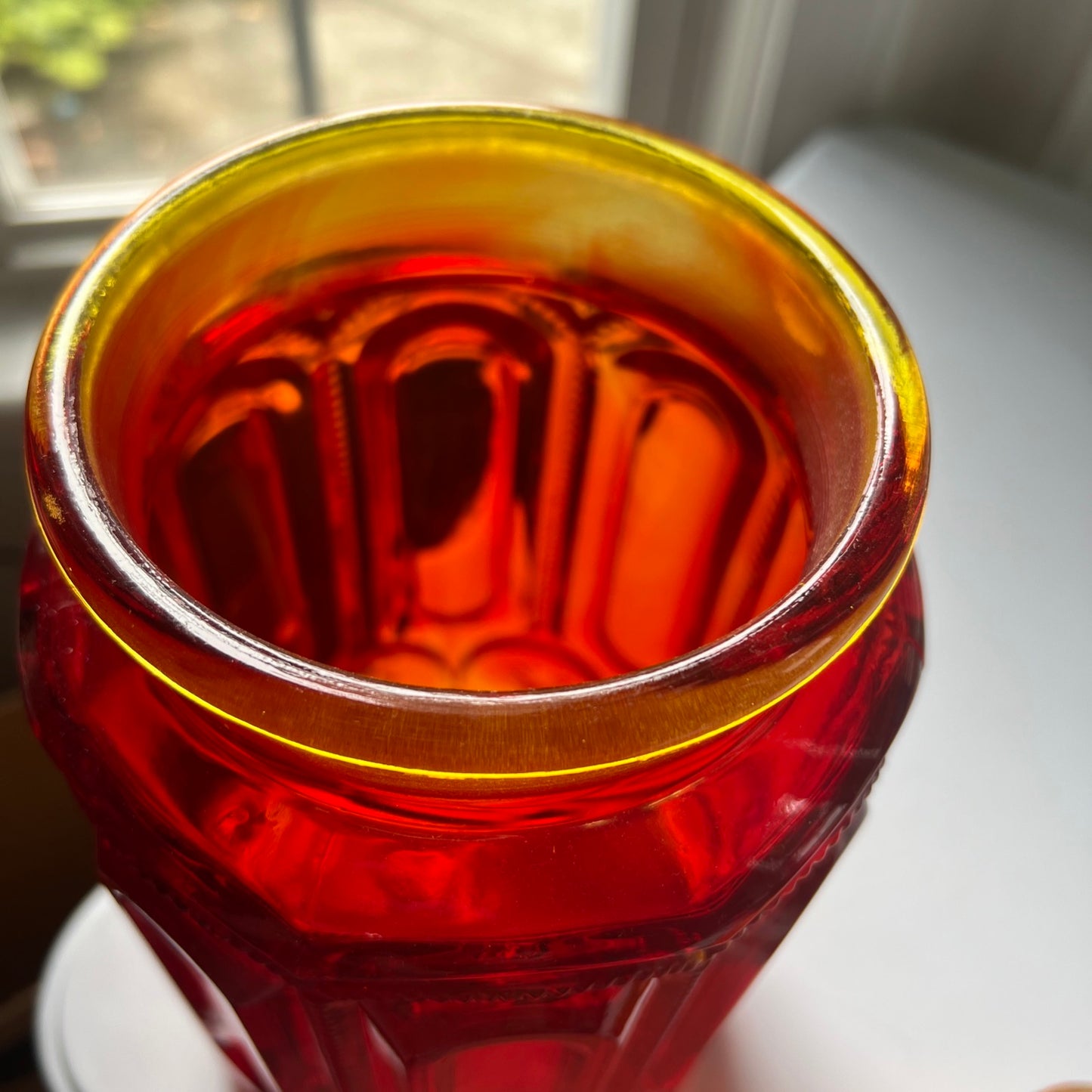 L E Smith Moon & Stars Amberina Glass 11” Ruby Red Canister