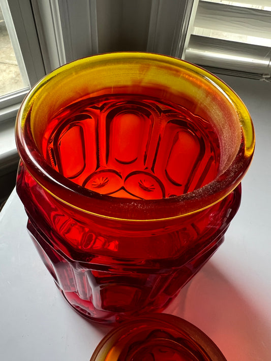L E Smith Moon & Stars Amberina Glass 9” Ruby Red Canister